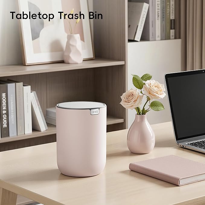 EKO Fandy 0.58 Gal/2.2L Mini Trash Can with Lid, Swing-Top Desktop Trash Can for Bathroom, Countertop, Vanity, Desk or Office, Small Garbage Bin (Pink)