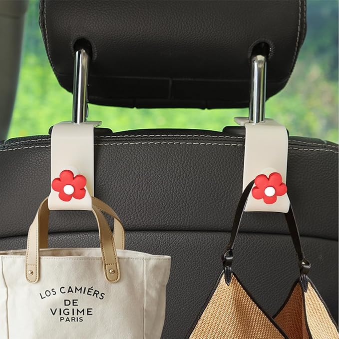 4 PCS Car Headrest Hook, Multifunctional Flower Vehicle Seat Back Storage Hook, Cute Automotive Seatback Organizer Hanger for Purse Grocery Bag Handbag, Universal Fit (Beige/Red)