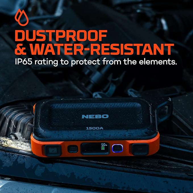 NEBO 1500A Jump Starter | 1500 Amps, 29.9Wh Power Supply, Portable Jump Box, Restarts 12V Trucks & SUVs Car Battery, Integrated Emergency Floodlight, USB Multi-Device Charging, Spark-Proof Safety