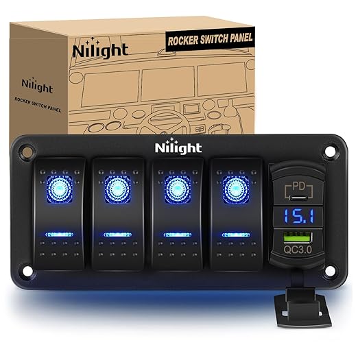 Nilight 4 Gang Rocker Switch Panel Blue Backlit with PD Type C and USB Charger Voltmeter Waterproof 12V 24V DC Switches with Night Glow Stickers for Car Trucks Boats RVs