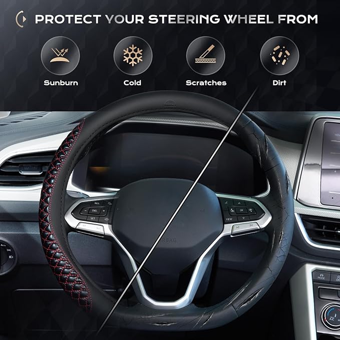 Coverado Car Steering Wheel Cover, Nappa Leather Black & Redline Steering Wheel Covers, Universal 14-15 inch, Anti-Slip, Breathable Steering Wheel Protector for Women Men
