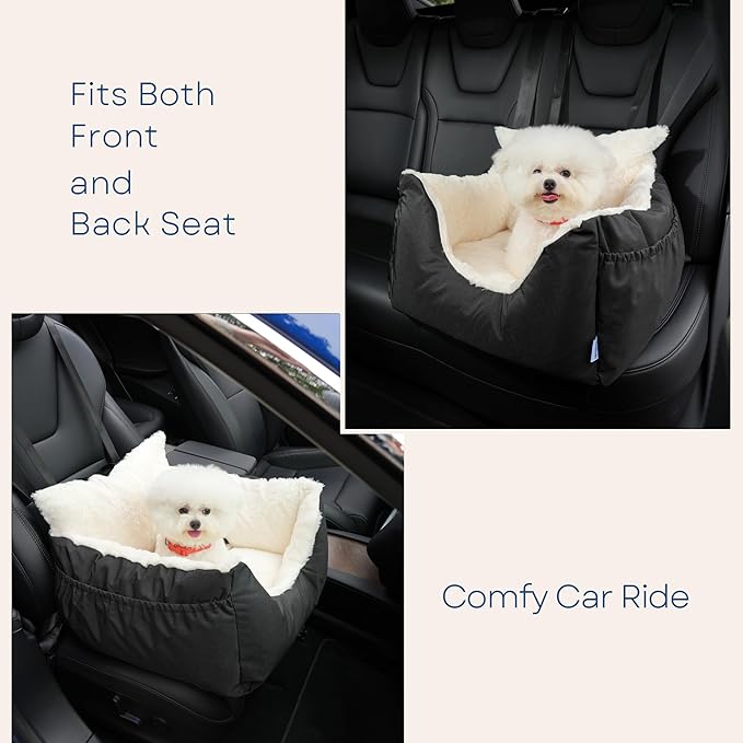Milk and Soda Small Dog Car Seat Bed for Small Dogs Under 20 LBS with 2-Sided Pillow, Side Pockets, Clip on Leash, Machine Washable Cover, Pet Carseat Travel Carrier, Black, Small
