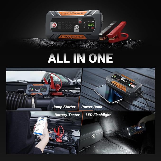 LOKITHOR JT400 12V Jump Starter and Battery Tester 2-in-1, 2500A Battery Jumper Starter Portable for Up to 8.5L Gas & 6.5L Diesel Engines, 100-2000 CCA Load Capacity Automotive Load Tester (Orange)