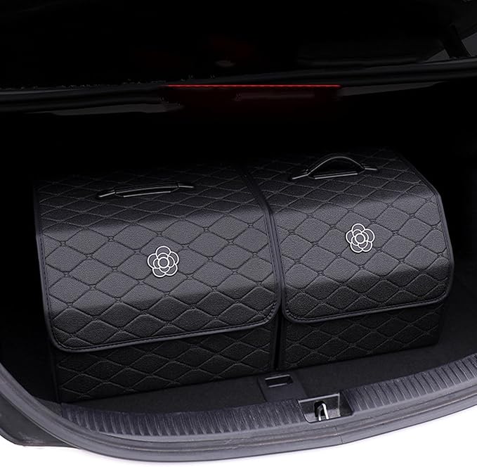 Tissting Car Storage Box, 15.35 x 12.2 x 11.42 inch PU Leather Trunk Suv Organizer with Lid, Black Garage Cargo Organizer for Camping Picnic Shopping