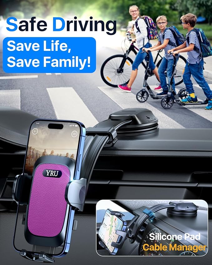 YRU [2026 Ultimate Car Phone Holder Mount [Bendable & Adjustable Aluminum Arm] Cell Phone Holder for Car Dashboard Windshield Phone Stand for iPhone 17 16 15 14 Pro Max Samsung Pickup Truck, Rose Red