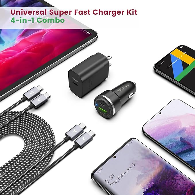 Super Fast Charger Type C Kit, VELOGK 25W PD PPS USB C Wall/Car Charger for Samsung Galaxy S26/S25/S24/S23 Ultra/S23+/S23/S22/S21/S20/Plus/Note 20/A71, iPad Pro, with 2X Nylon USB C-to-C Cable(3.3ft)