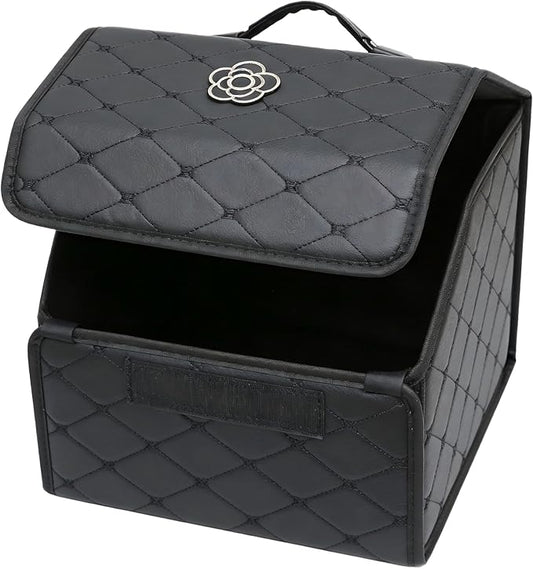 Tissting Car Storage Box, 13 x 12.2 x 11.42 Inch PU Leather Trunk Suv Organizer with Lid, Black Garage Cargo Organizer for Camping Picnic Shopping