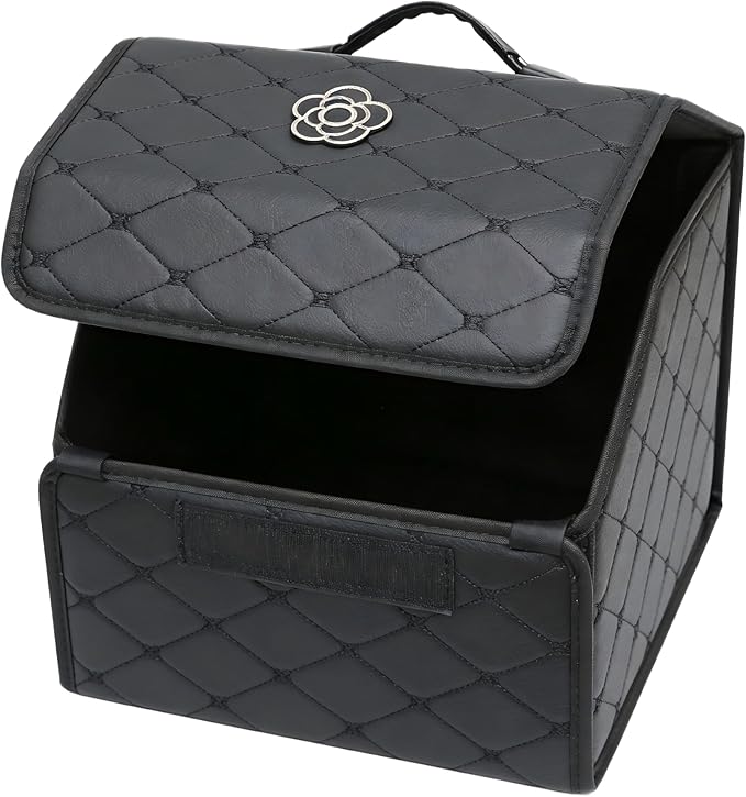 Tissting Car Storage Box, 15.35 x 12.2 x 11.42 inch PU Leather Trunk Suv Organizer with Lid, Black Garage Cargo Organizer for Camping Picnic Shopping