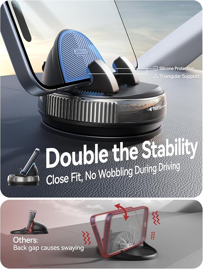 JOYROOM Car Phone Mount, [360° Rotation+Thick Case Friendly] Cell Phone Car Holder with Adjustable Spring Clip, Anti-Slip Silicone Universal Dashboard phone holder for Car for iPhone, Smartphones, GPS