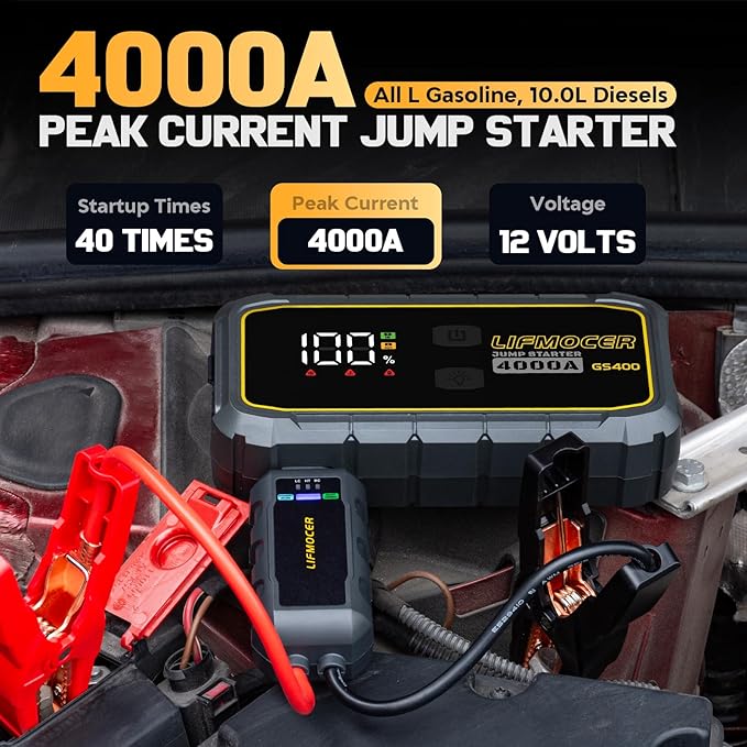 LIFMOCER GS400 Jump Starter - 4000A Car Battery Jump Starter for Up to 12.0L Gas and 10.0L Diesel Engines, 12V Portable Jump Box with Storage Case USB Quick Charge, and LCD Display