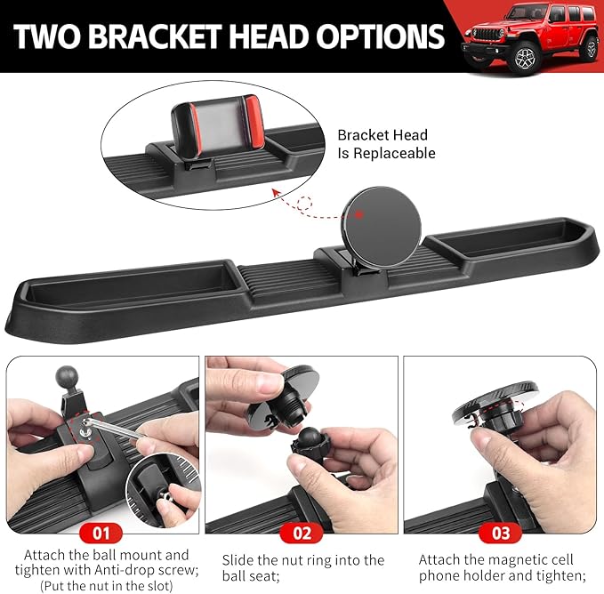 Magnetic Phone Mount Holder Fit for 2024+ Jeep Wrangler JL JLU&Gladiator JT Car Dashboard Multi-Mount Phone Holder Dash Tray for 2024 2025 Jeep JL/JT Accessories(2024+ 4X4, Not for 4XE)