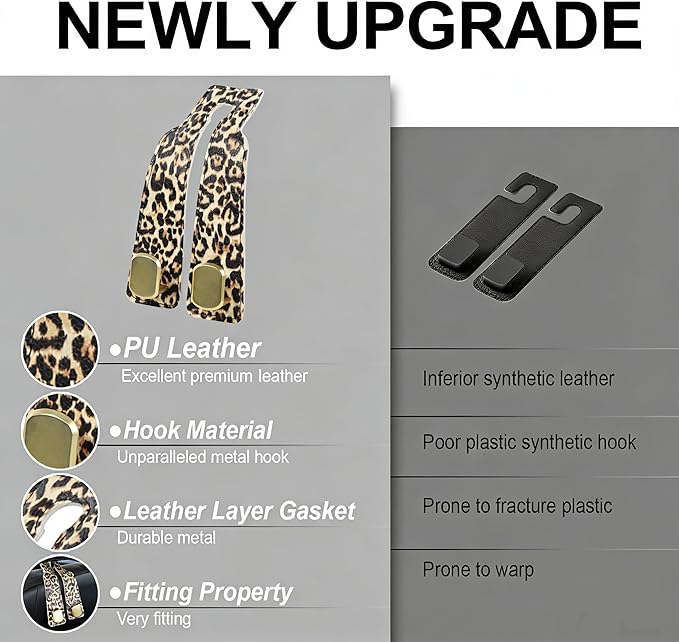 Car Seat Hooks for Headrest, Purse Hook & Back Storage Hook, Zinc Alloy & Leather Material Heavy Duty Car Hooks for Purses and Bags,Universal Fit for Most Vehicles (Leopard-2 Pack)