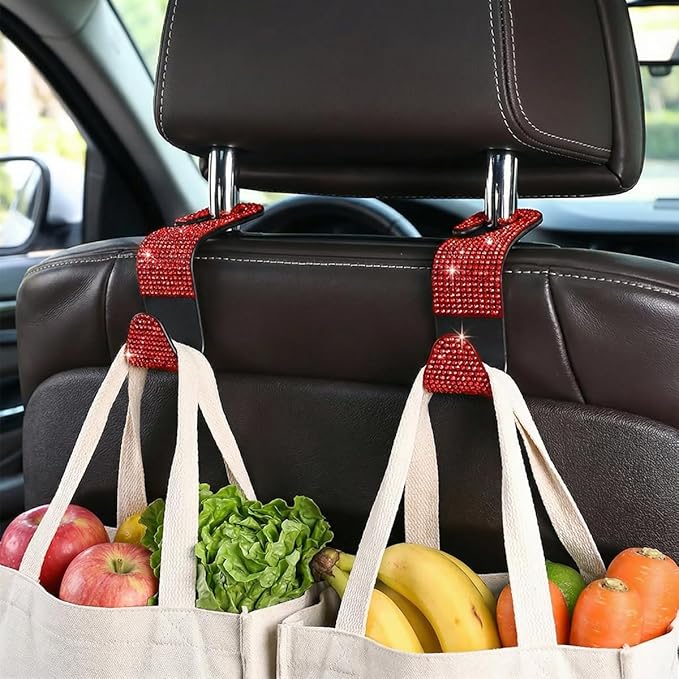4PCS Bling Car Seat Headrest Hooks, Crystal Rhinestone Vehicle Purse Handbag Coat Hangers Holder, Automotive Interior Storage Organizer Accessories for Women Girls, Universal Fit (Red)