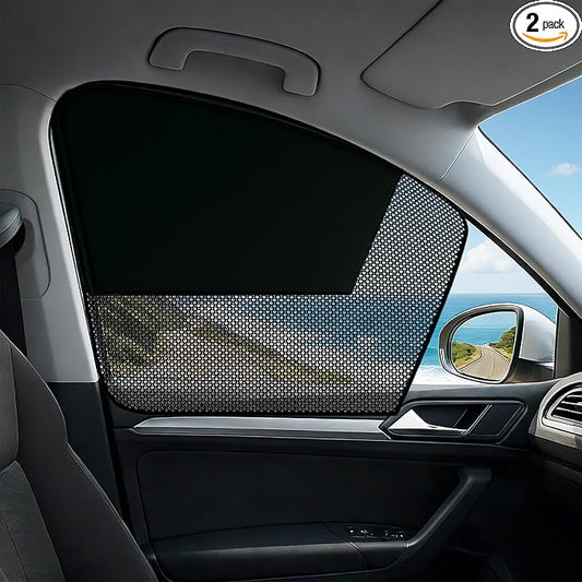 Car Window Shades, 2 Pack Magnetic Half Blackout & Half See-Through Car Shades for Side Windows, Front Window Cover Block Heat UV Rays Glare for Driver Passenger