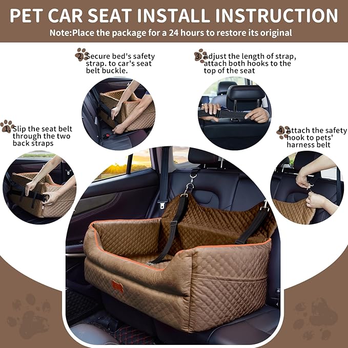 Dog Car Seat for Large/Medium Dogs - Memory Foam Dog Booster Seat for Under 55Lbs or 2 Small Dogs-Detachable and Washable Travel Bed with Thick Cushion and Storage Pockets-Brown