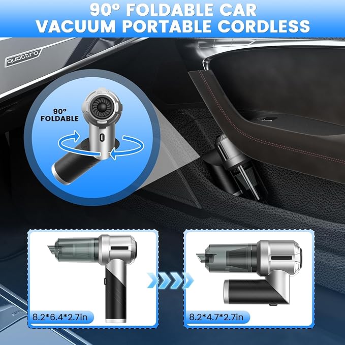 Car Vacuum Portable Cordless with 18000PA Super Suction, 4 in 1 Portable Air Blower/Car Vacuum 90°Foldable Handheld Rechargeable Brushless Motor, Gifts for Valentine's Day for Home, PC
