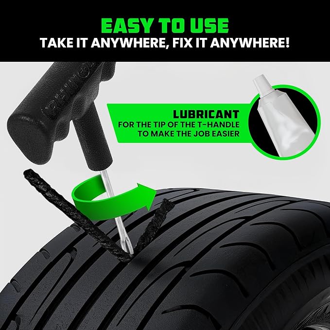 Rhino USA Compact Tire Repair Kit (14-Piece) – Heavy Duty Plug Set with Included Lubricant to Fix Punctures and Seal Flats – Tubeless Tool for Car, Motorcycle, ATV, UTV, RV & Trailer