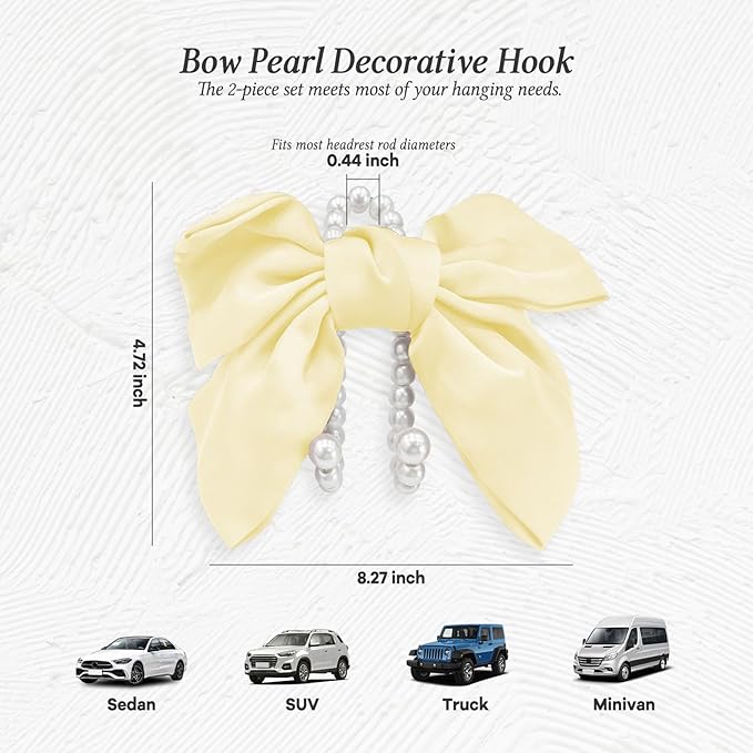 2PCS Satin Bow Pearl Car Seat Headrest Hooks – Car Bag Holder & Vehicle Hanger for Purses – Cute Coquette Aesthetic Interior Decoration – Cute Auto Organizer Accessories Universal (Pearl White)