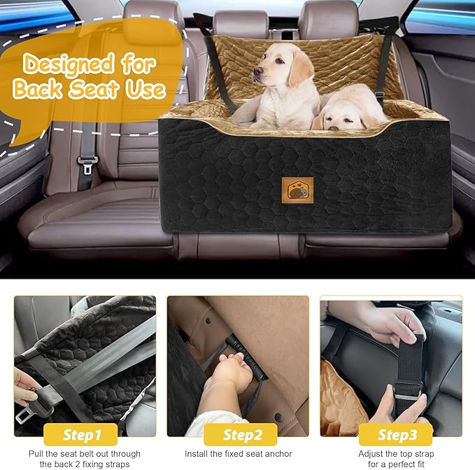 Dog Car Seat for Medium/Large Dog Booster Seat Under 60 lbs or 2 Small Dogs, Multi-Functional Pet Car Seat with Thick Cushion, 2 Safety Leashes(BlackBrown)