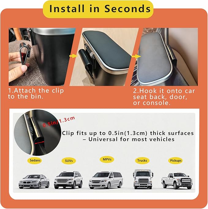 Mini Car Trash Can with Lid, Leakproof Car Trash Bin Small Car Garbage Can for Back Seat Front Seat Door Dry/Wet Waste, Universal Hanging Trash Can for Car, Sedan, Trucks, SUVs, Most Vehicles (Black)