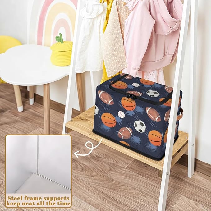 Large Toy Box Collapsible Storage Bins with Lids Closet Storage Baskets for Organizing Shelves Nursery Toy Storage Organizer Boxes for Kids, Boys, Girls (Navy Blue Sport Basketball Soccer)