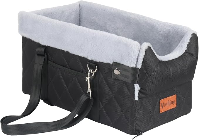 Vivifying Center Console Dog Car Seat for Small Dogs Up to 10 lbs, Plush Pet Booster Seat with Safety Leash, Adjustable Straps, Storage Pocket, Portable Car Seat for Puppies, Black & Grey