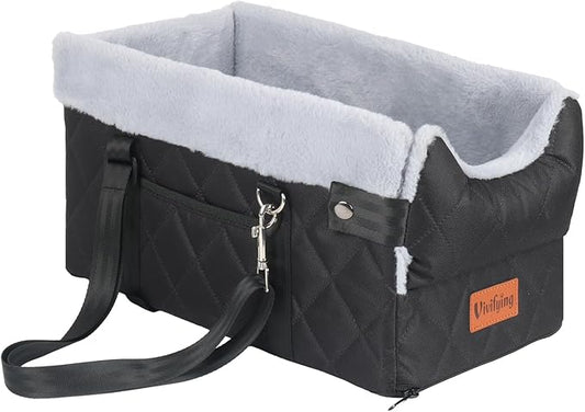 Vivifying Center Console Dog Car Seat for Small Dogs Up to 10 lbs, Plush Pet Booster Seat with Safety Leash, Adjustable Straps, Storage Pocket, Portable Car Seat for Puppies, Black & Grey