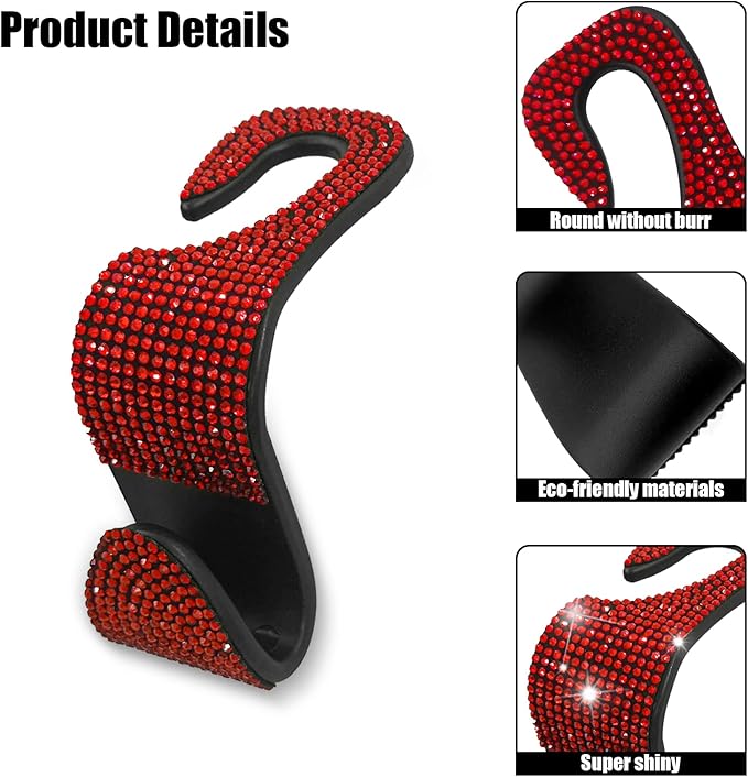 OSIFIT 2PCS Car Seat Hooks, Bling Rhinestone Headrest Hooks, Universal Bling Car Interior Accessories, for Handbag, Clothes, Purse, Water Bottle (Red)