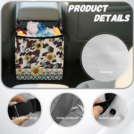 Navajo Aztec Tribal Print Car Trash Can for Back Seat Car Accessories for Women Men Leakproof Auto Garbage Cans Hanging Cowhide Sunflower Trash Bin for Car Water-Resistant