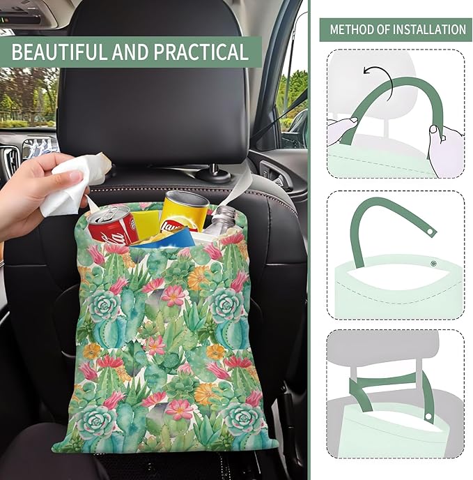 Cute Car Trash Can, Hanging Canvas Car Back Seat Organizer and Storage Bag, Funny Car Trash Bag for Travelling, Outdoor Cute Green Cactus Flowers
