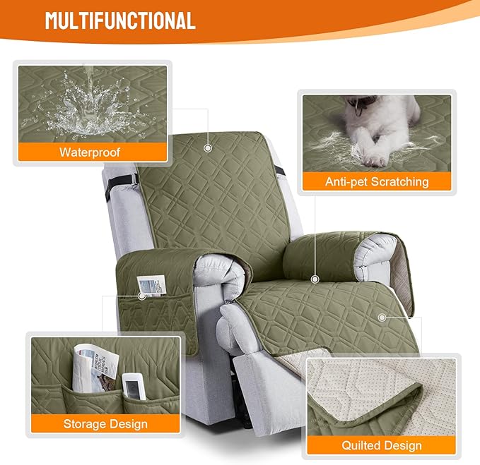 VANSOFY 100% Waterproof Recliner Chair Covers, Recliner Cover Non-Slip Dog Chair Cover Furniture Protector Washable Slipcover with Pocket, Elastic Straps for Pets, Dogs(Olive Green, 28")