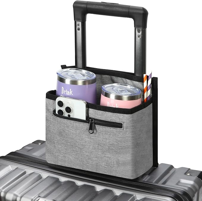 ZHCHG Luggage Travel Cup Holder Attachment for Suitcase Drink Carrier Caddy, Coffee Mug and Tumblers, Traveler Carry on Hands Free Accessory- Gifts for Flight Attendants Travelers Accessories