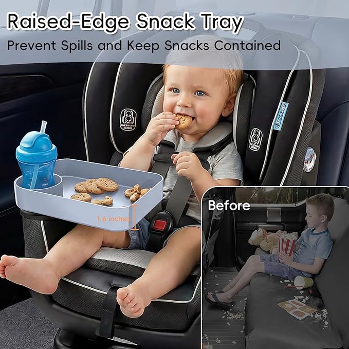 Kids Car Seat Tray, Travel Tray with Cup Holder for Toddler Baby, Kids Car Seat Food Snack Organizer for Road Trip, Stroller Snack Organizer Travel Must Haves Toddler Must Haves (Light Gray, 1 Pack)
