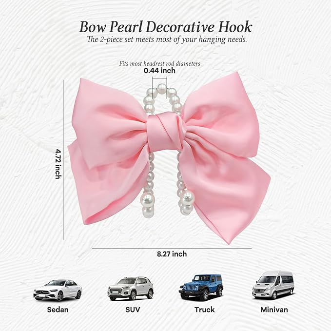 2PCS Satin Bow Pearl Car Seat Headrest Hooks – Car Bag Holder & Vehicle Hanger for Purses – Cute Coquette Aesthetic Interior Decoration – Cute Auto Organizer Accessories Universal for SUV, Truck(Pink)