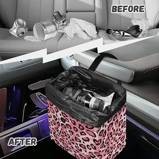 Leopard Cheetah Pink Pattern Car Trash Can Leak Proof Auto Trash Bag Hanging Vehicle Garbage Can Multipurpose Storage Container for Back Seat Car Accessories