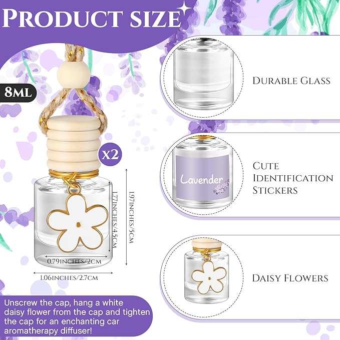 Siifert 2 Sets Hanging Car Air Freshener and Essential Oil Diffuser, Car Air Freshener Daisy Essential Oil Diffuser Long Lasting Automobile Aromatherapy(White,Lavender)