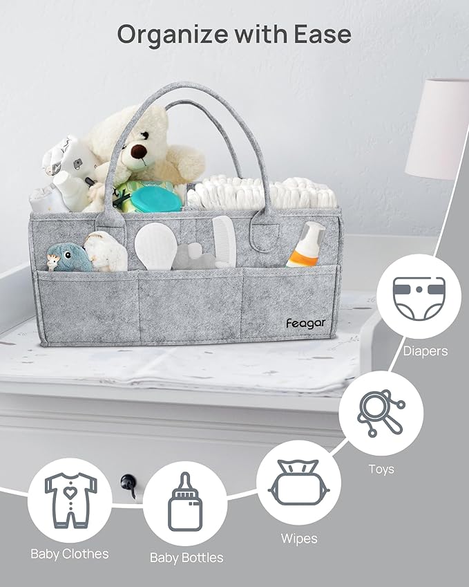 Feagar Baby Diaper Caddy Organizer, 15 Inch Large with 8 Pockets & 2 Dividers, Portable Nursery Storage Basket & Car Organizer for Changing Table, Travel (Grey)