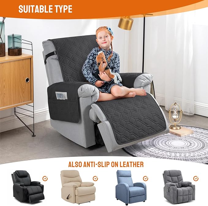 VANSOFY 100% Waterproof Recliner Chair Covers, Recliner Cover Non-Slip Dog Chair Cover Furniture Protector Washable Slipcover with Pocket, Elastic Straps for Pets, Dogs(Charcoal Gray, 23.6")