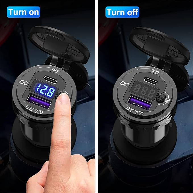 Motorcycle DIN/Hella USB Charger (NOT for Car Cigarette Socket), 36W PD3.0 & 18W QC3.0 Power Adapter with Switch, Voltmeter, Waterproof USB-C & USB-A Plug for BMW Ducati Triumph