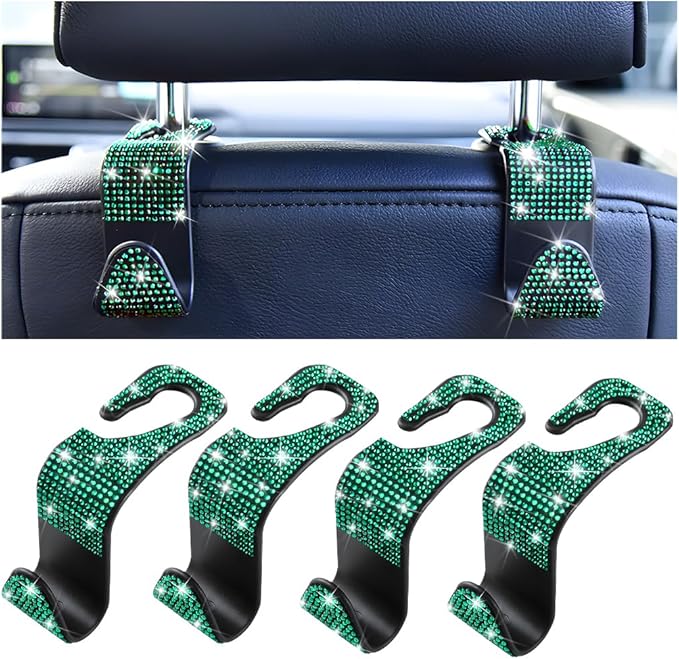 Mandark 4PCS Bling Car Seat Headrest Hooks, Crystal Rhinestone Vehicle Seat Back Hanger for Grocery Purses Handbags, Diamond Auto Seatback Storage Organizer Hanger, Universal for Most Cars (Green)
