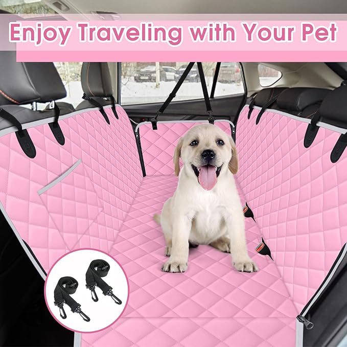 NECKORY Waterproof Dog Car Seat Cover for Back Seat - Durable, Scratch Proof Pet Hammock with Nonslip Design & Storage Pockets, Fits Cars, SUVs, Trucks - S, Pink/Grey