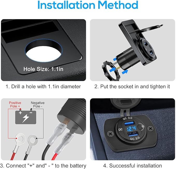 Linkstyle 2PCS 12V USB Outlet, Dual 18W QC3.0 USB A Ports Car Charger Socket with Botton Switch & Blue LED Voltmeter for 12V/24V RV Boat Truck