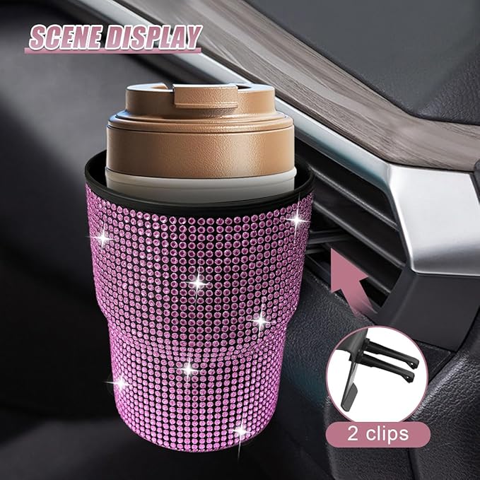 Bling Rhinestones Car Air Vent Trash Can, Hanging Automotive Cup Holder with 2 Hooks, Multi-Function Vehicle Door Organizer Accessories for Key, Pen, Water Bottles, Cellphone(Pink)