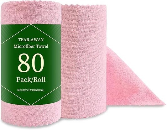 Jessy Home 80 Pack Reusable Paper Towels Pink Microfiber Cleaning Cloth Roll 12"x12" Microfiber Towels, Tear Away Cloth for Cars,Wash Cloths,Lint Free Rags for House,Kitchen,Window,Cleaning Supplies
