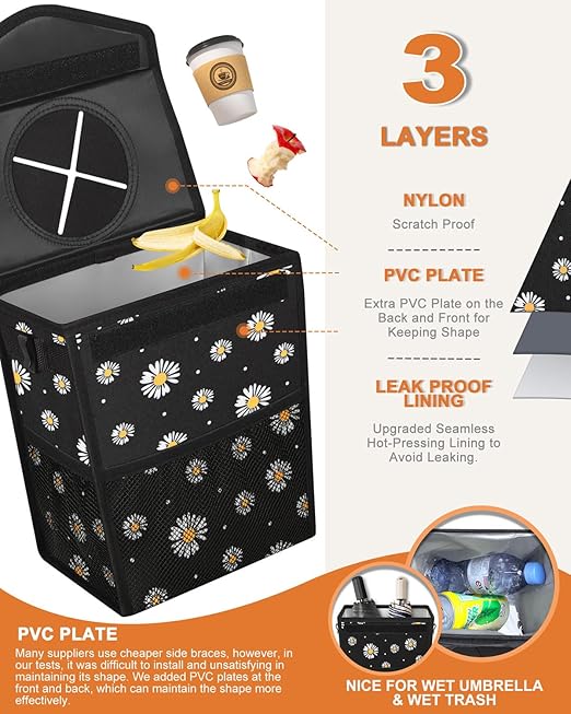 Car Trash Can with Lid, Cute Leakproof Car Trash Garbage Bag Hanging Vehicle Trash Bin Small Portable Automotive Garbage Cans Organizer for Back/Front Seat/Console(2.8 Gallons,Black Flower)