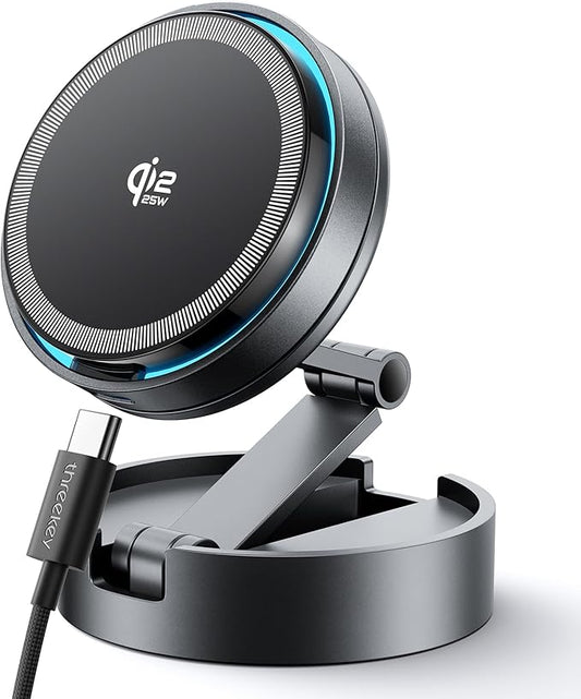 THREEKEY for Qi2 25W Certified MagSafe Car Mount Charger Lite with Cooling Fan&LED Light, 360° Rotating Fast Wireless Charger & Phone Holder for iPhone 17-12, Galaxy S25-S26 | 30W Adapter Included
