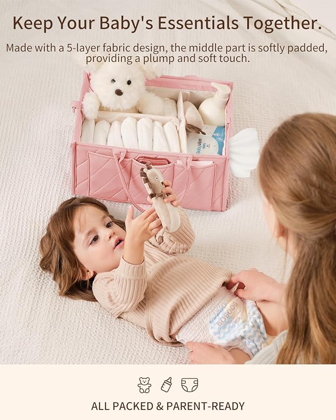 Pink Diaper Caddy Organizer – Portable Storage Basket with Shoulder Strap & Stroller Hooks, Splashproof Quilted Nursery & Car Tote for Baby Girl Shower Gift, Baby Registry, Blush Pink