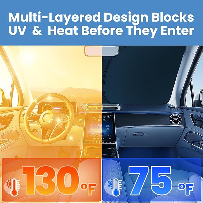 Windshield Sunshade for Jeep Grand Cherokee 2011-2026 - Innovative No-Light-Pass Technology, Mirror Cut-Out, Blocks 99% UV Rays, Fade-Resistant, Easy-Fold Grand Cherokee Windshield Sun Shade
