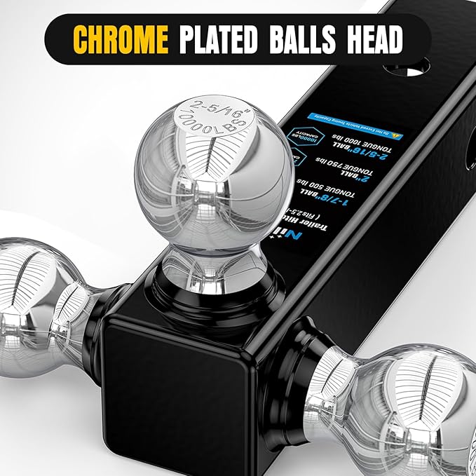 Nilight Multi-Ball Trailer Hitch Ball Mount, 1-7/8, 2, 2-5/16-Inch Balls, Triple Ball Mount fits 2-1/2-Inch Hitch Receiver, Chrome Plating