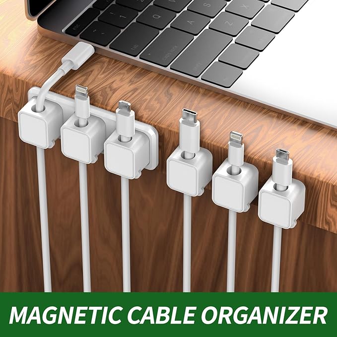 Magnetic Cable Organizer for Desk – Upgraded Wire Clips with Adhesive Base – Desktop Cord Holder for USB, Charging Cables – 6 Clips + 1 Magnetic Base (White)